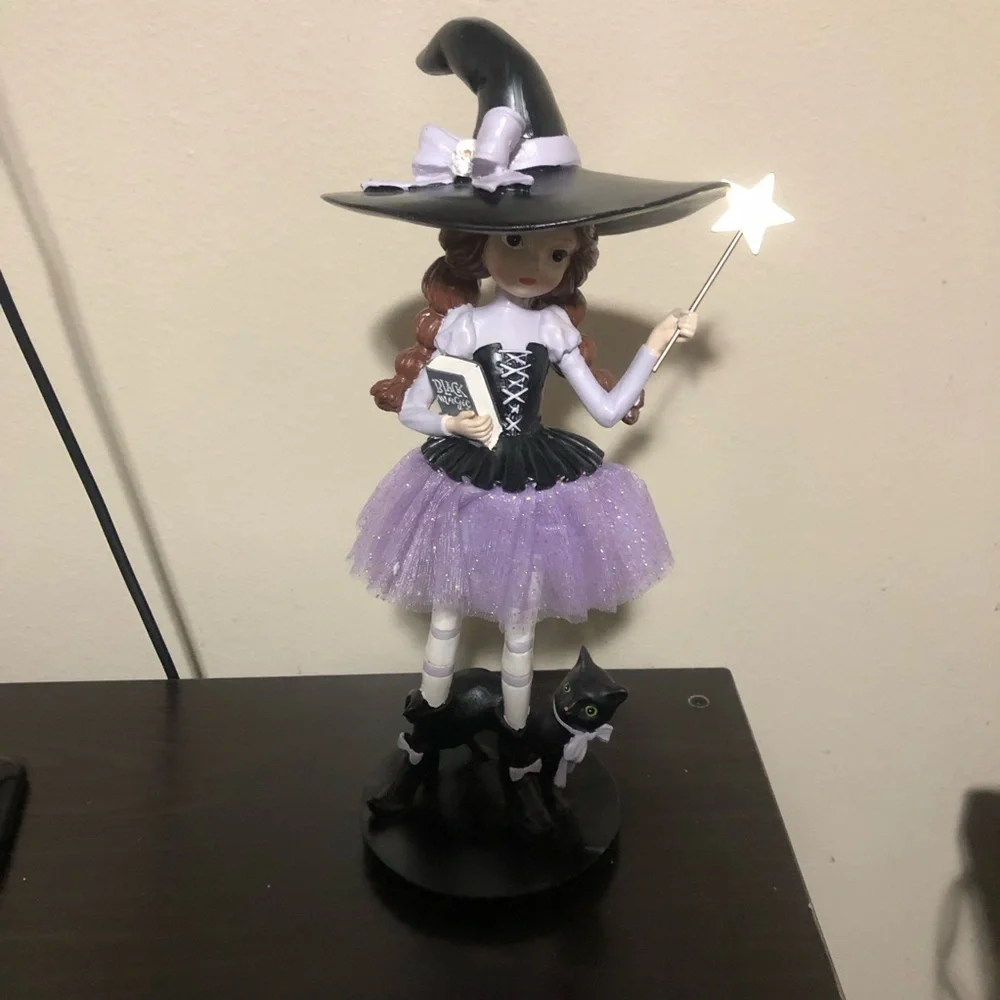 Whimsical Witch Figurine with Black Cat Wand Black Magic Book Halloween 15 Inch